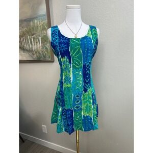 Y2K Blue Green‎ Abstract Print Mini Dress Tie Back Tropical Artsy Size M